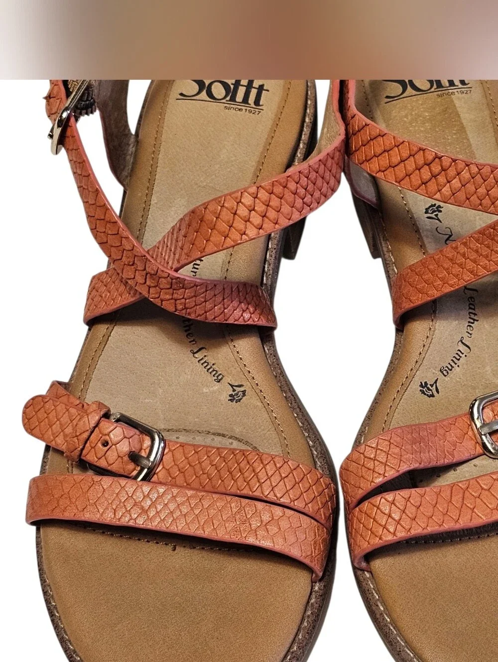 Sofft Nadie II Sandals Sz 8.5 Mango Snake Print Leather Strappy Resortwear Comfy